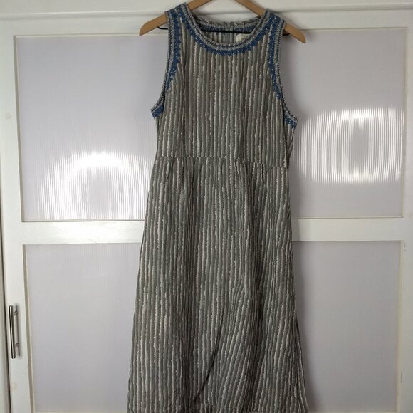 Voloshin Striped Embroidered Detail Shift Midi Dress Linen Cotton Blend Sz Large - Picture 1 of 15